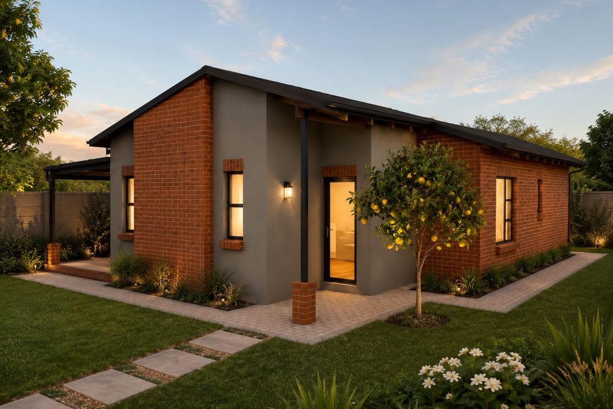 A well-maintained modern house exterior featuring a brick and rendered facade, covered patio area, and neatly landscaped garden with paved pathways.
