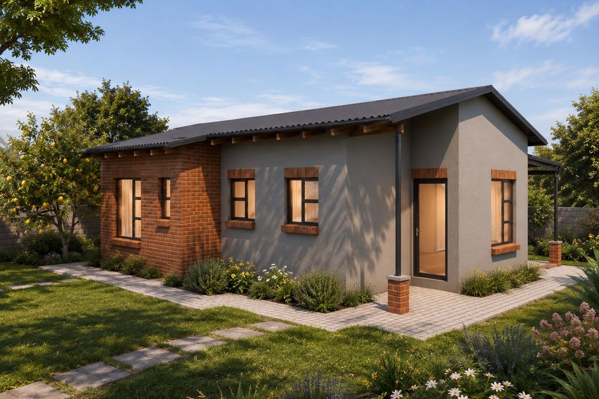 A modern single-story house exterior featuring a combination of brick and plastered finishes, a corrugated metal roof, and a landscaped garden with paved pathways.