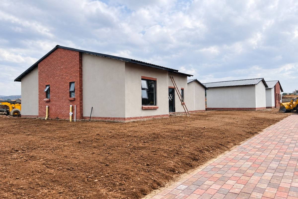 A newly constructed residential property featuring a combination of brick and plastered exterior walls, metal roofing, and a paved walkway, currently undergoing final site development.