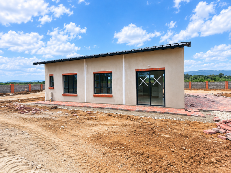 Rear view of a newly constructed house featuring a paved patio, sliding glass doors, and aluminium window frames, set within an unfinished landscape.