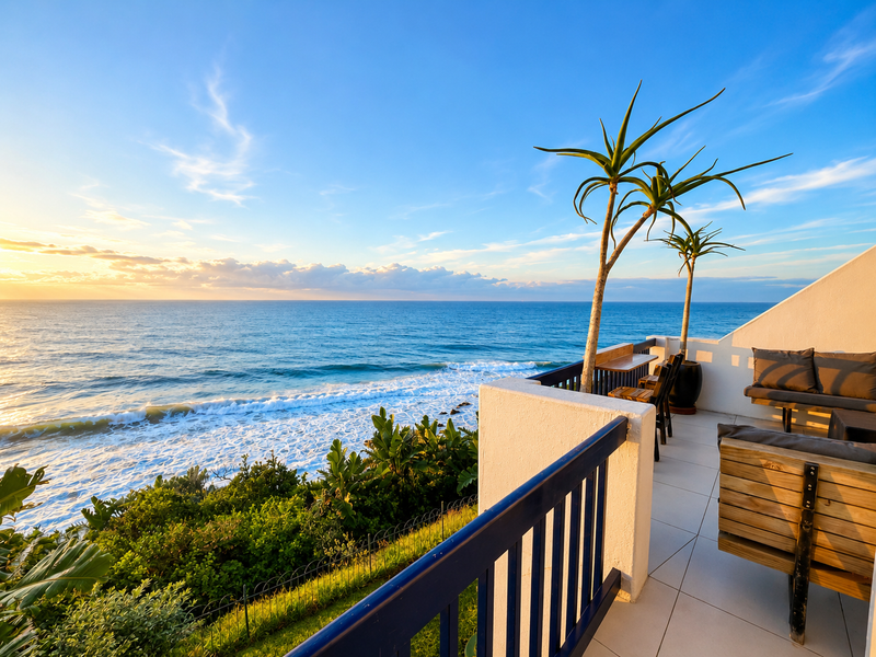 A scenic balcony featuring tiled flooring and a built-in bar counter, offering expansive, unobstructed views of the ocean and coastline.