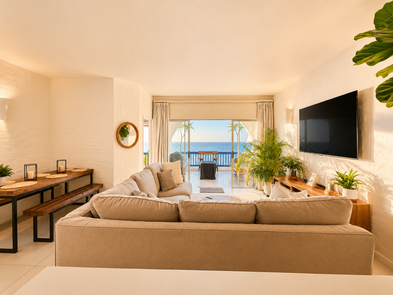 Spacious open-plan living and dining area featuring tiled floors, neutral walls, and large sliding glass doors opening to a scenic ocean-view balcony.