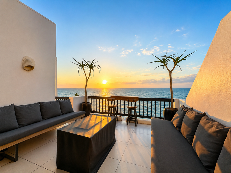A well-maintained balcony featuring tiled flooring and a railing, offering an expansive ocean view at sunset.