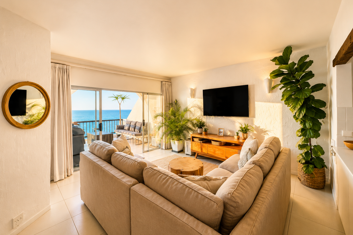 Bright and airy living room featuring tiled floors, wall-mounted lighting, and large sliding glass doors opening onto a balcony with ocean views.