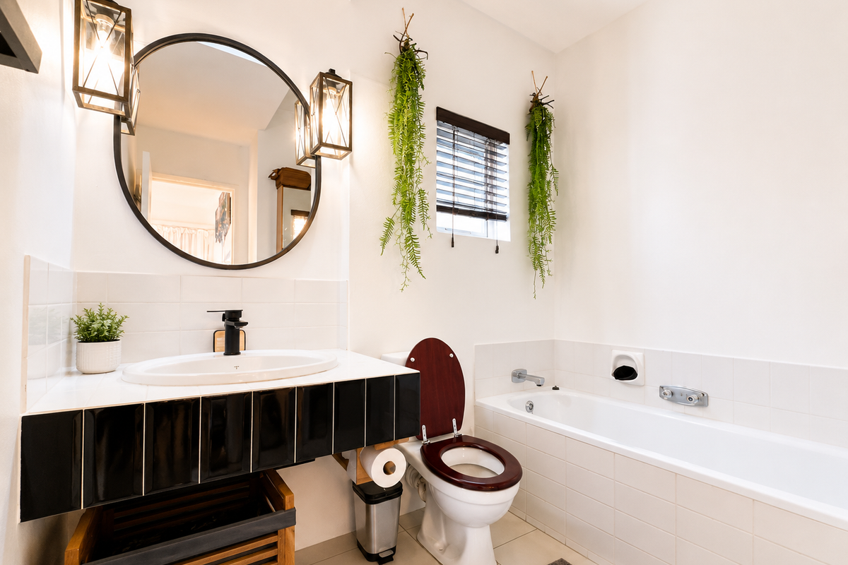 A well-maintained bathroom featuring a vanity basin, bathtub, and modern wall lighting, finished with clean white tiling and a circular mirror.