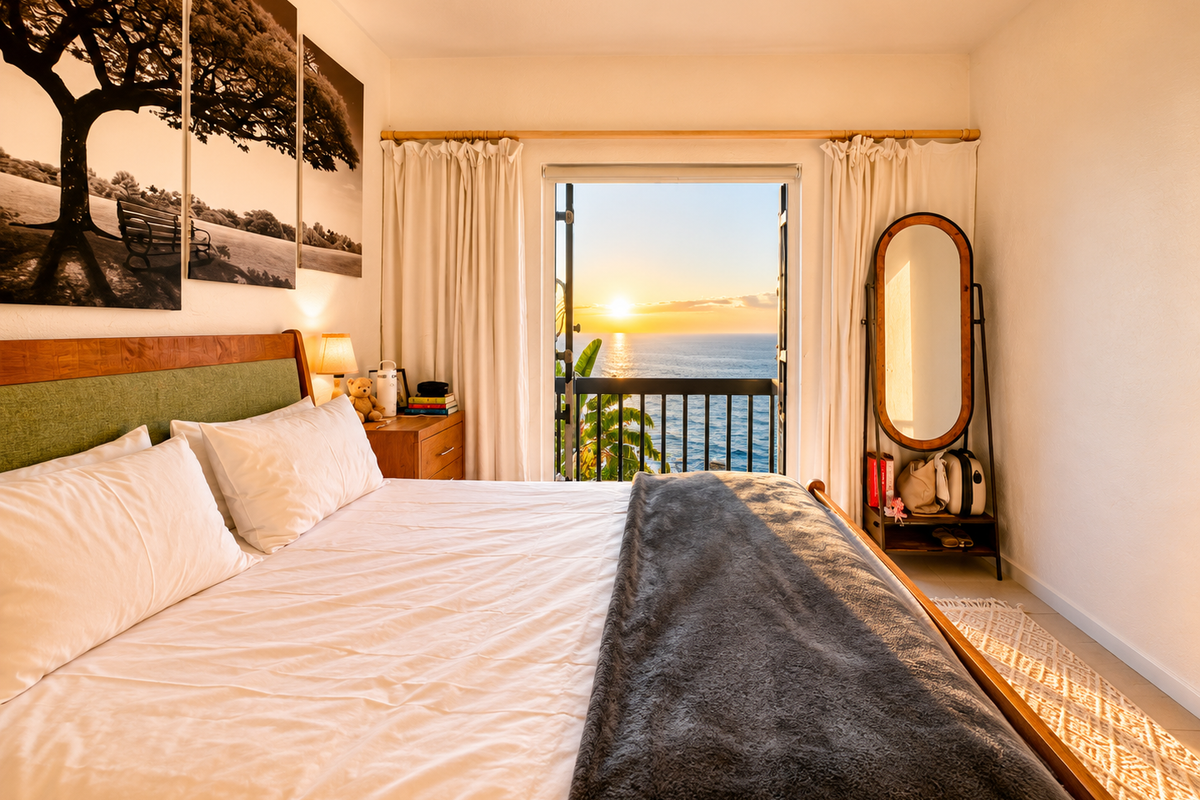 A well-maintained bedroom featuring a balcony door that opens to a scenic ocean sunset view.