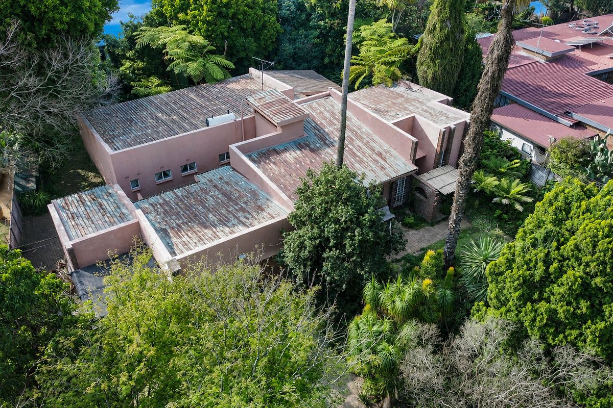 Aerial view of a residential property featuring a large, mature garden and a house with a corrugated metal roof requiring maintenance.