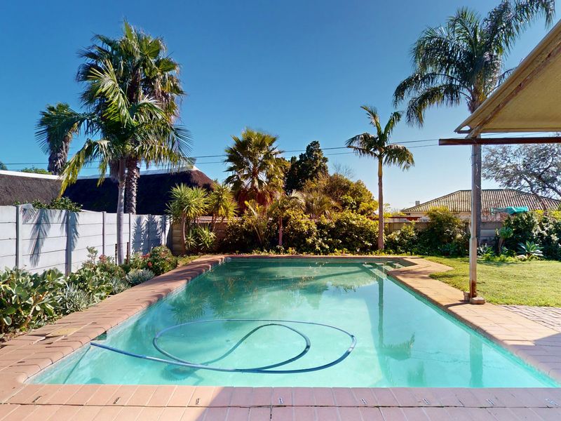 A well-maintained outdoor pool area featuring a paved surround, established palm trees, and a covered patio space, perfect for outdoor relaxation.