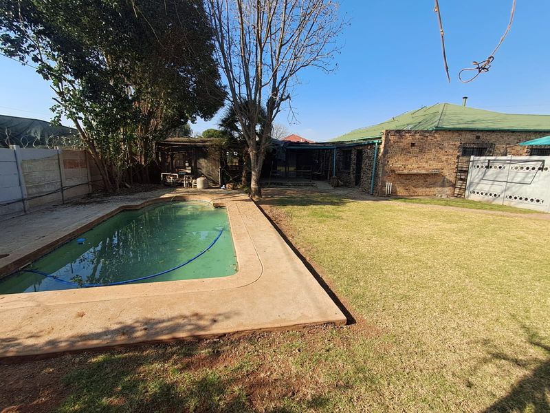 Rear garden featuring a swimming pool, lawn area, and brick house exterior. The outdoor space requires maintenance and landscaping improvements.