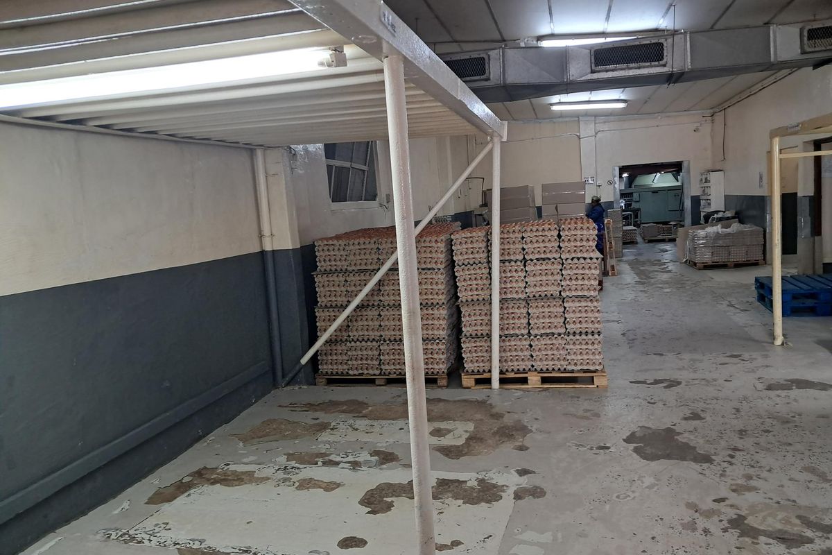 A functional utility or storage space featuring exposed industrial ducting, fluorescent lighting, and durable concrete flooring, currently used for bulk storage.