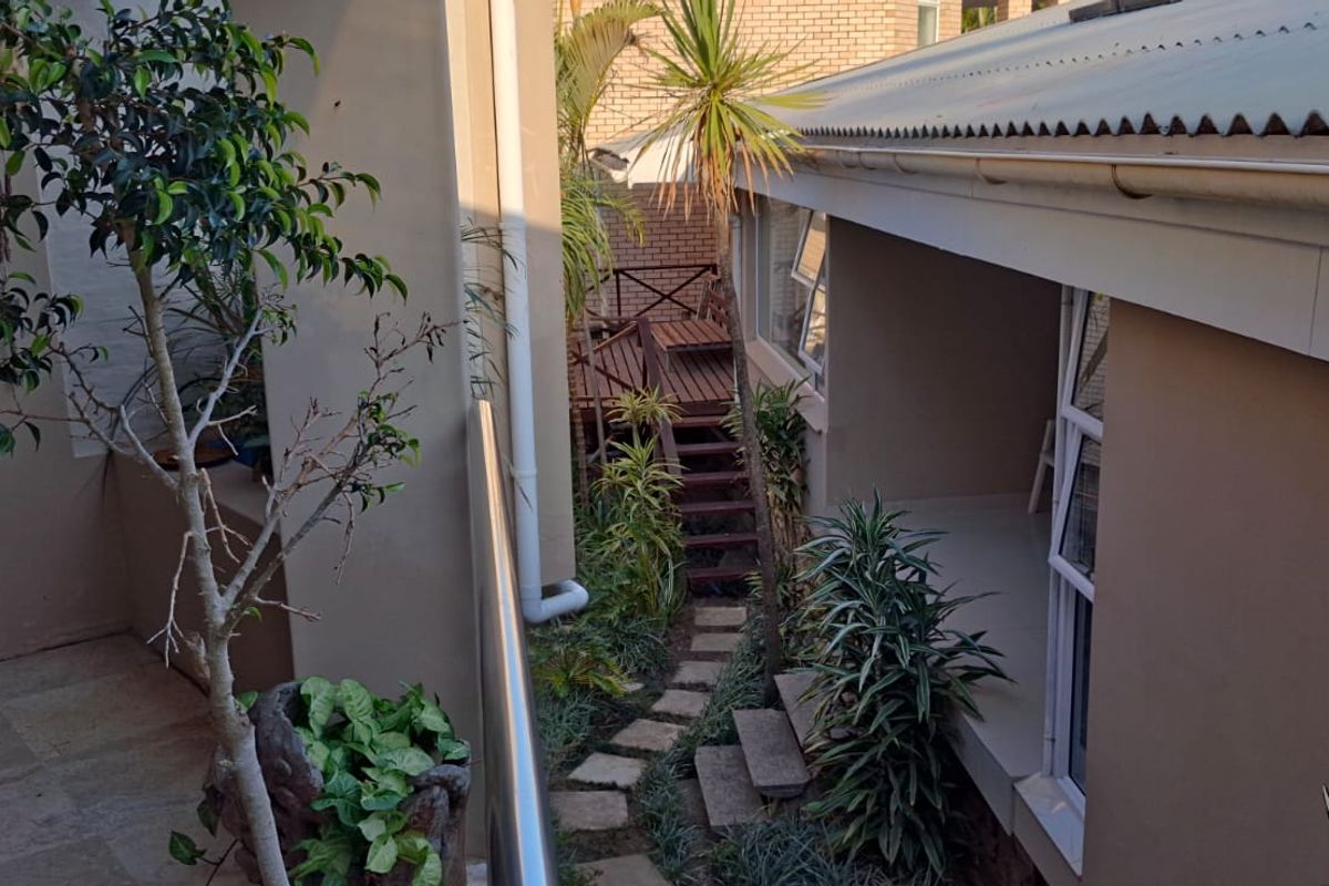 A view of the rear exterior area featuring a timber deck, stone pathway, and landscaped garden elements between the building structures.