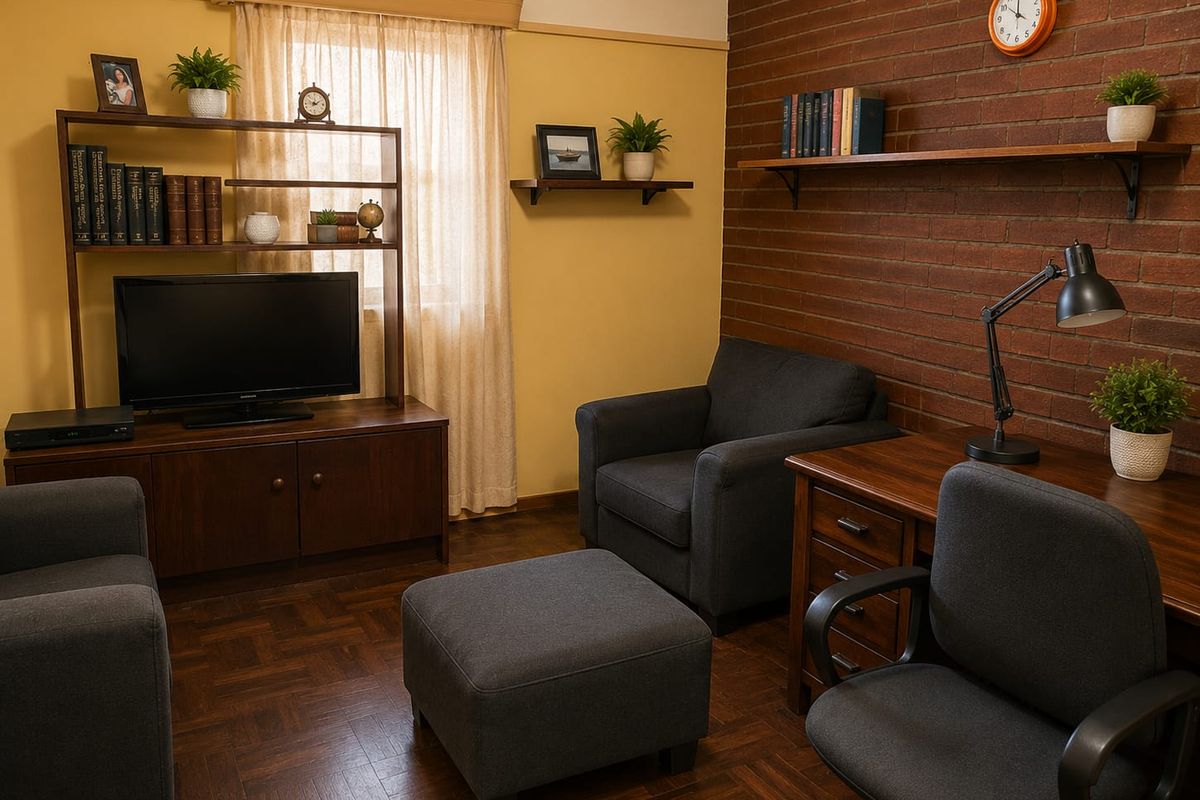 A cozy living room featuring warm yellow walls, a distinctive exposed brick feature wall, and classic parquet timber flooring.