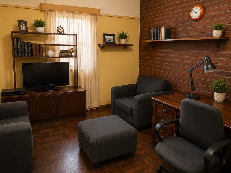 A cozy living room featuring warm yellow walls, a distinctive exposed brick feature wall, and classic parquet timber flooring.