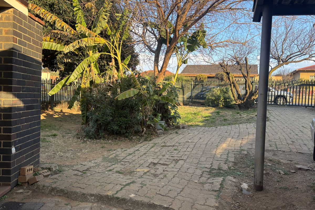 A rear outdoor area featuring a paved driveway, metal perimeter fencing, and established garden beds with mature trees.