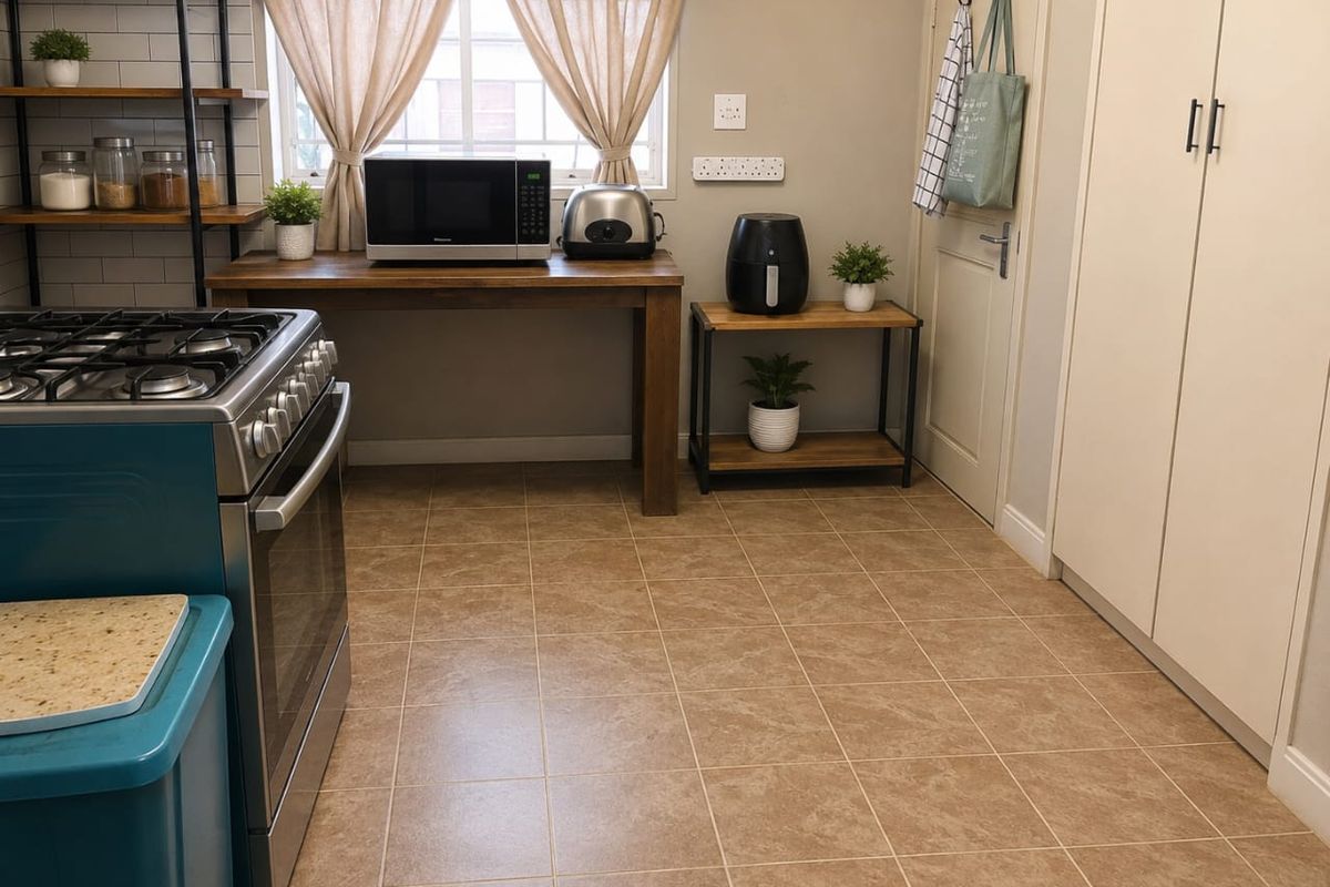 A functional kitchen featuring a gas stove, subway tile backsplash, open shelving, and ample built-in cabinetry with neutral tiled flooring.