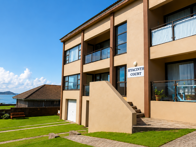 Front elevation of Hyacinth Court apartment building featuring multi-level balconies, glass balustrades, and ocean views.