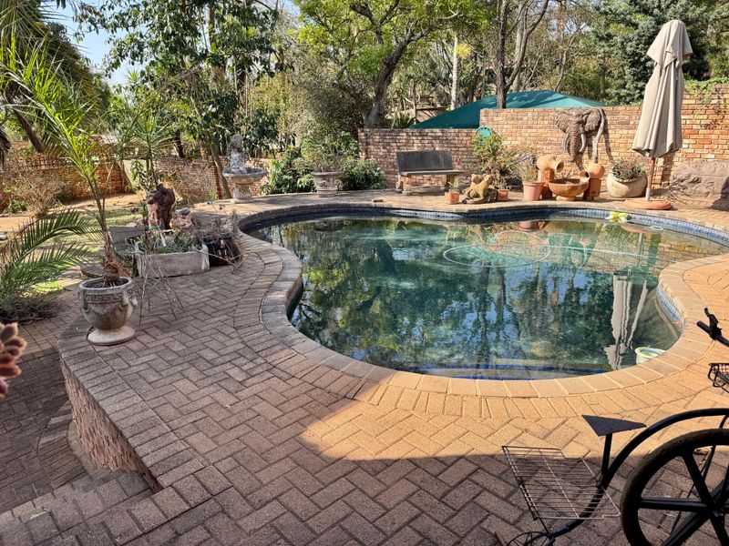 Outdoor pool area featuring a curved swimming pool surrounded by brick paving and a brick boundary wall in a garden setting.