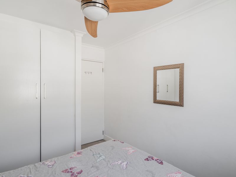 A clean and well-maintained bedroom featuring a built-in wardrobe, ceiling fan, and decorative coving.
