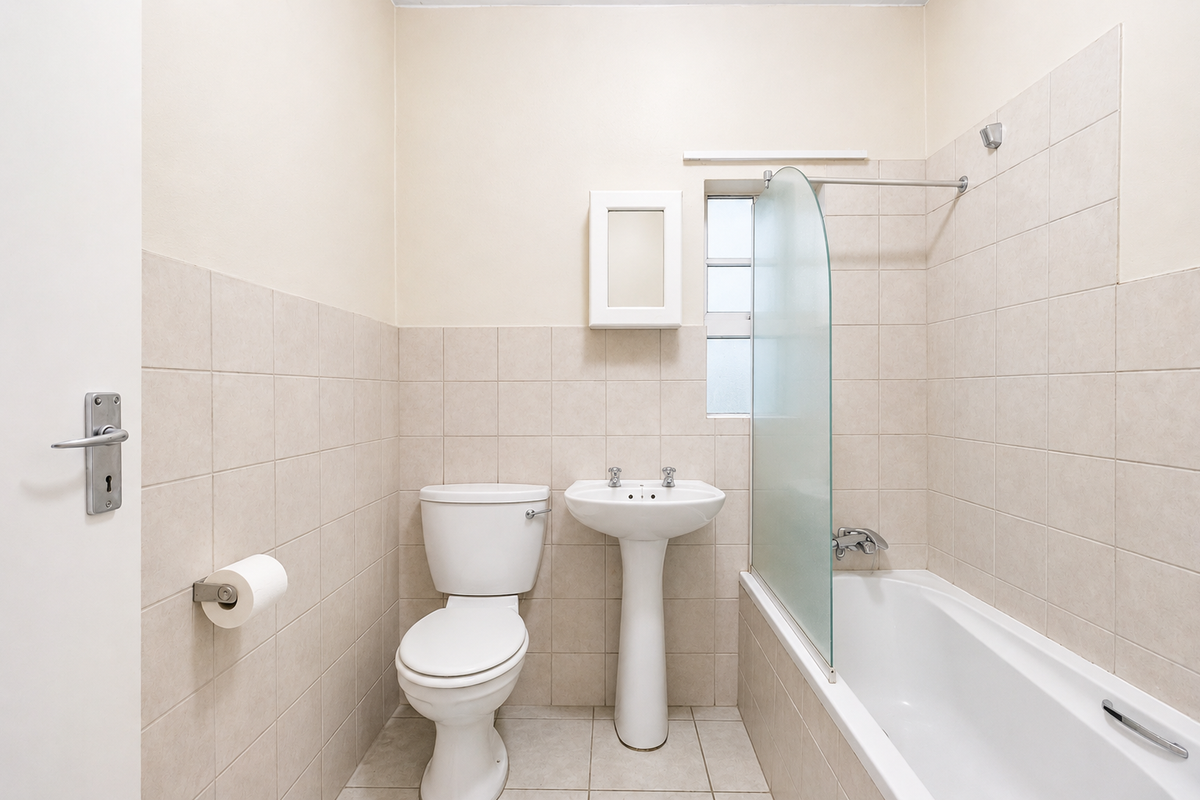 A functional bathroom featuring a pedestal washbasin, toilet, and a bathtub with a glass shower screen, finished with neutral wall and floor tiles.