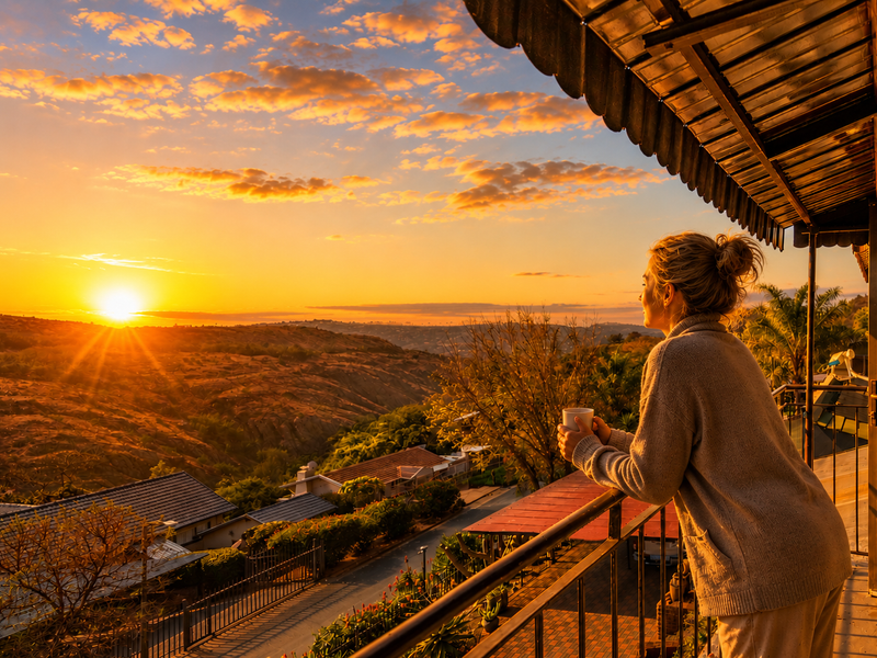 A scenic elevated balcony featuring a metal railing and covered roof, offering expansive sunset views over the surrounding landscape.