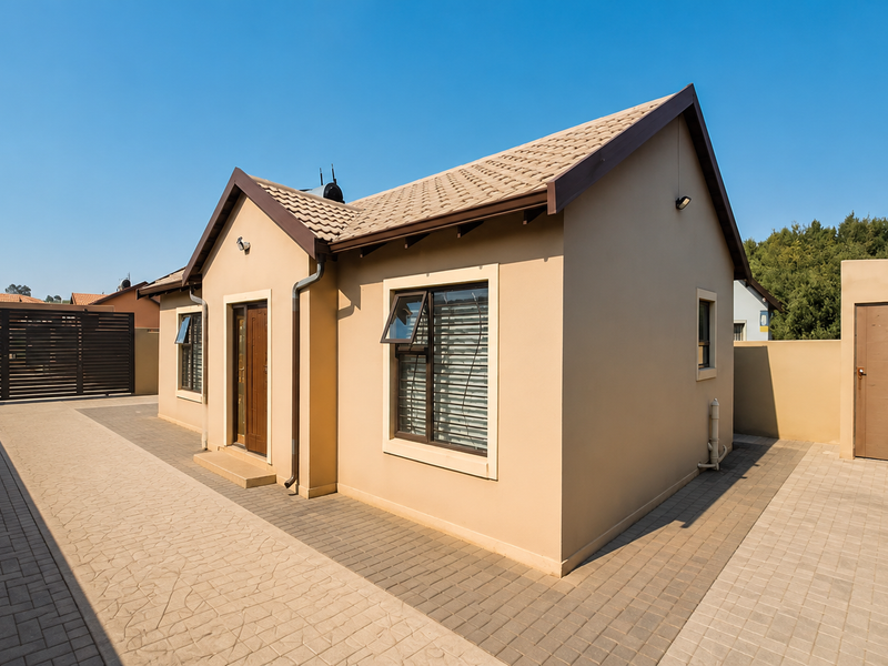 A well-maintained single-story house featuring a paved driveway, tiled roof, and secure boundary walls with an integrated gate.