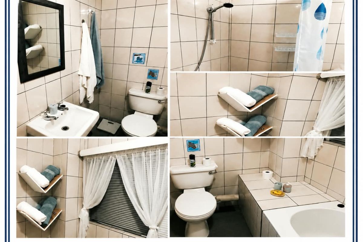 A collage of a bathroom featuring a wall-mounted basin, toilet, and a shower over a built-in bath with tiled wall finishes.