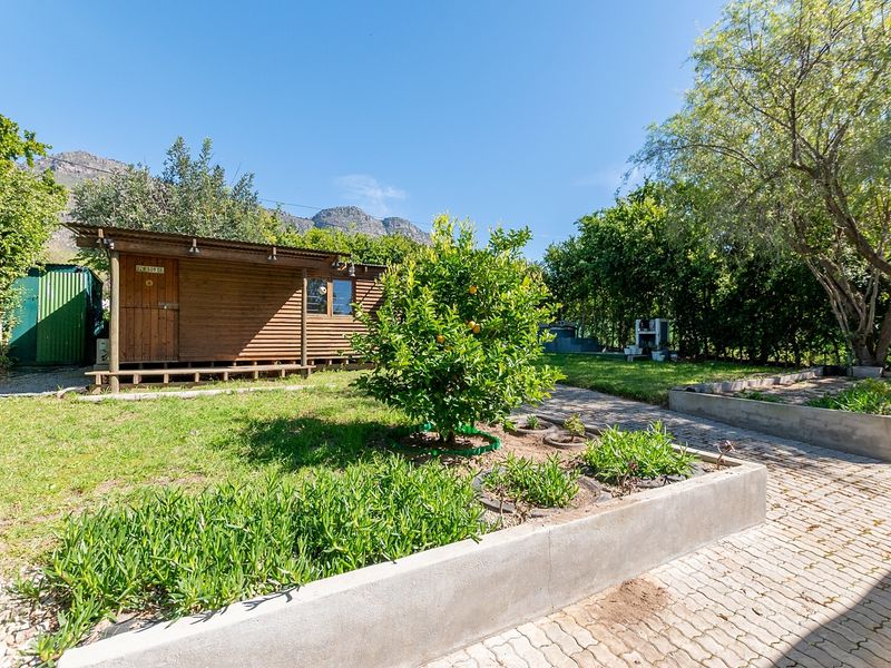 A spacious garden area featuring a timber cabin, concrete planter boxes, and a paved walkway set against a backdrop of mature trees and mountains.