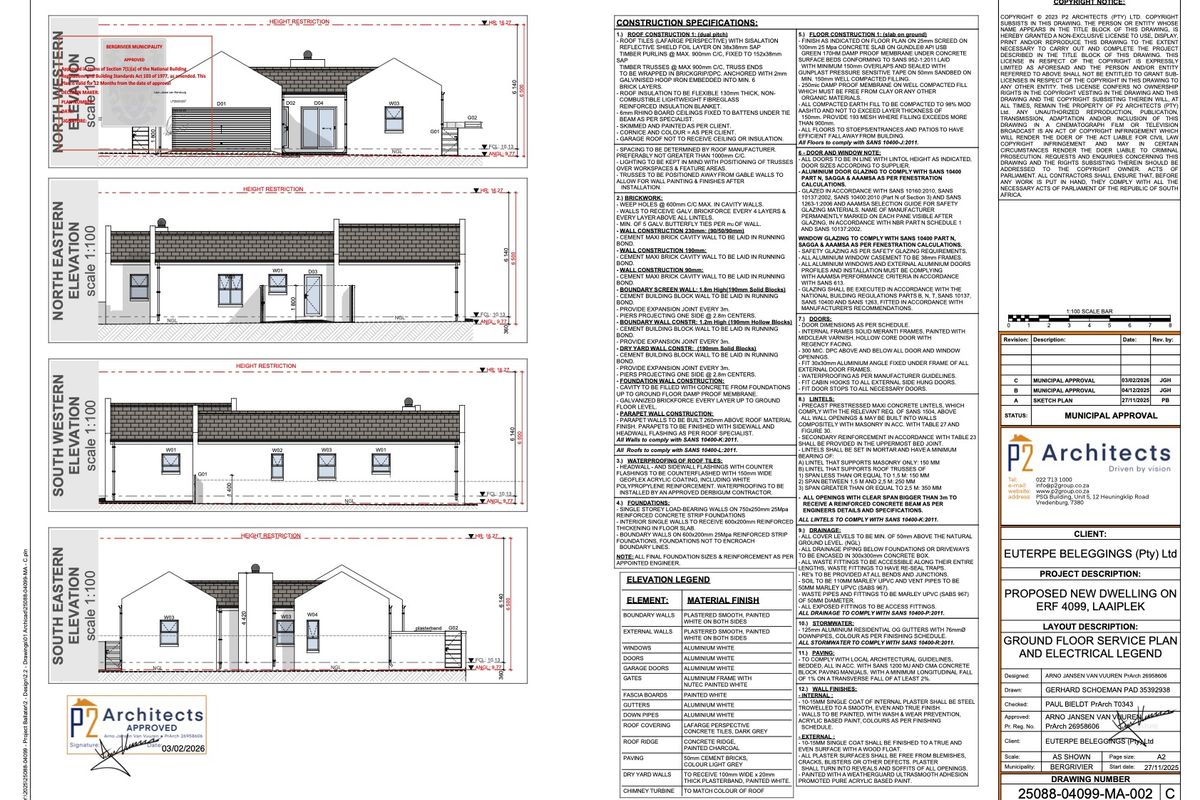Architectural floor plan and elevation drawings for a proposed new dwelling, detailing construction specifications, materials, and site layout.