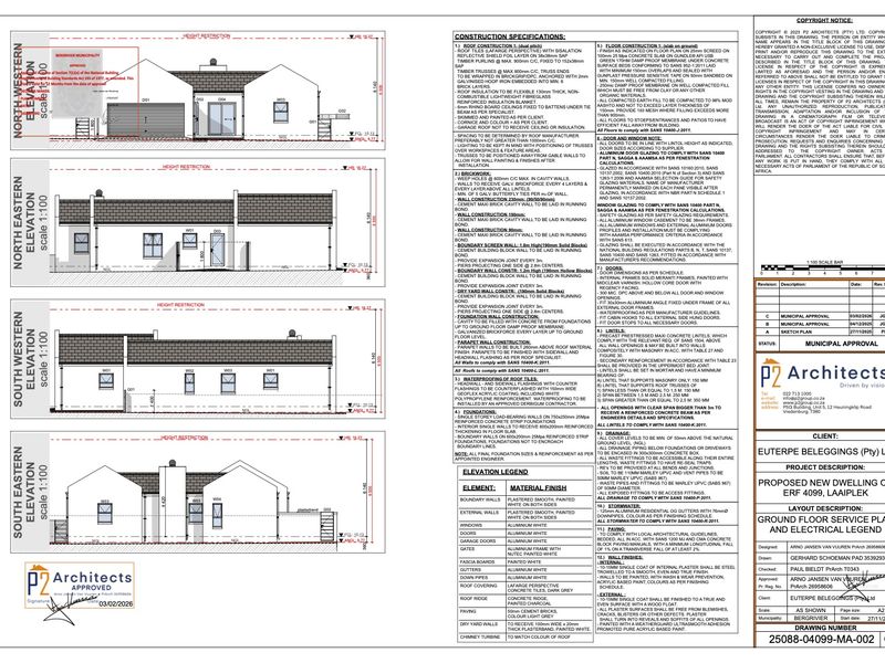 Architectural floor plan and elevation drawings for a proposed new dwelling, detailing construction specifications, materials, and site layout.