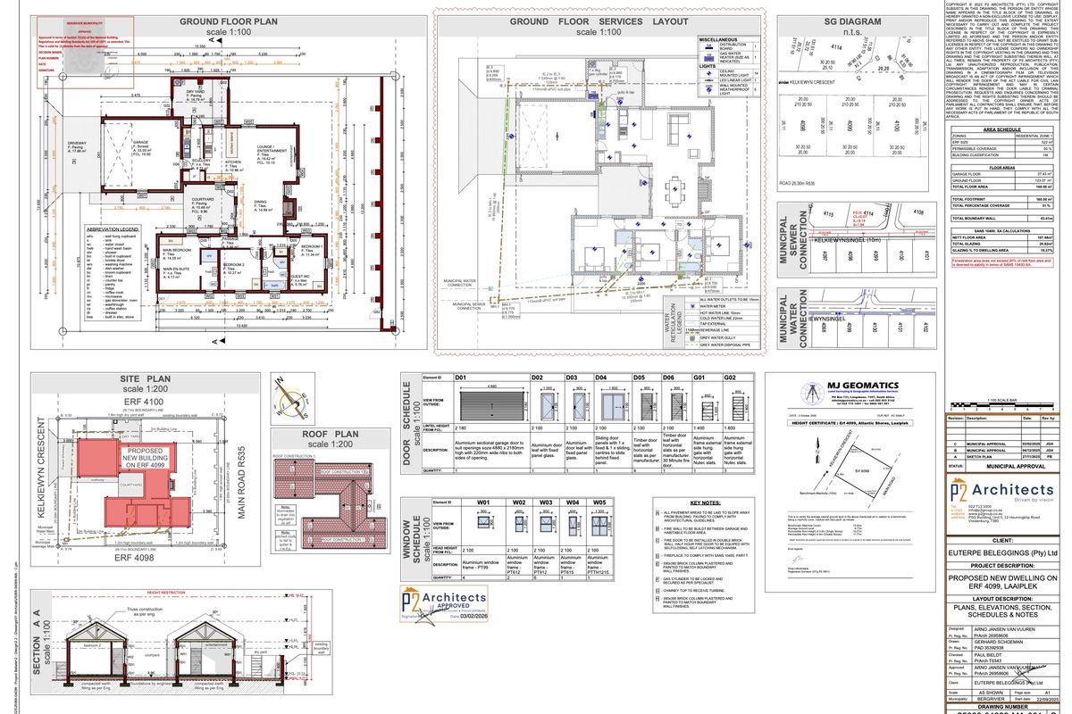 Architectural floor plans, site plan, and service layouts for a proposed new dwelling, including door and window schedules.