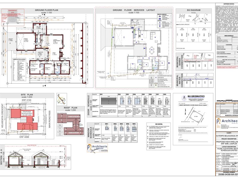 Architectural floor plans, site plan, and service layouts for a proposed new dwelling, including door and window schedules.