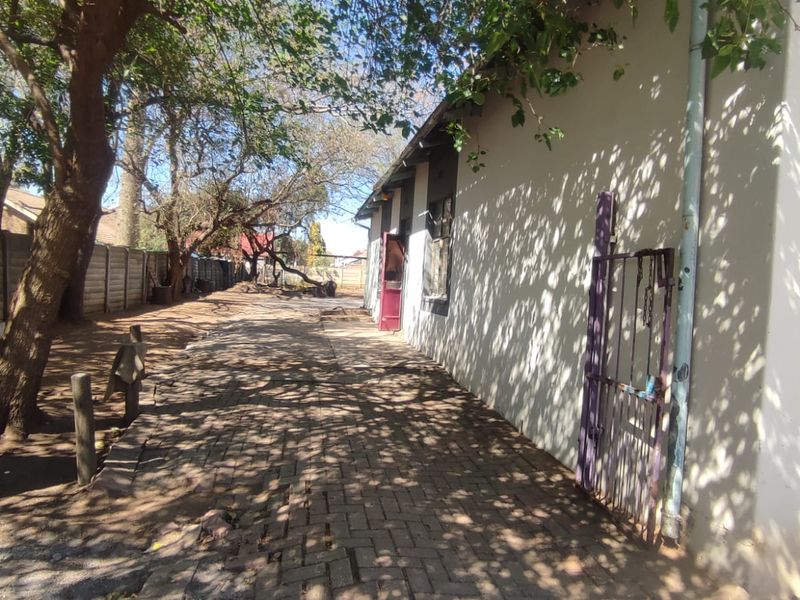 A side or rear exterior view of the property featuring a paved walkway, boundary wall, and mature trees.