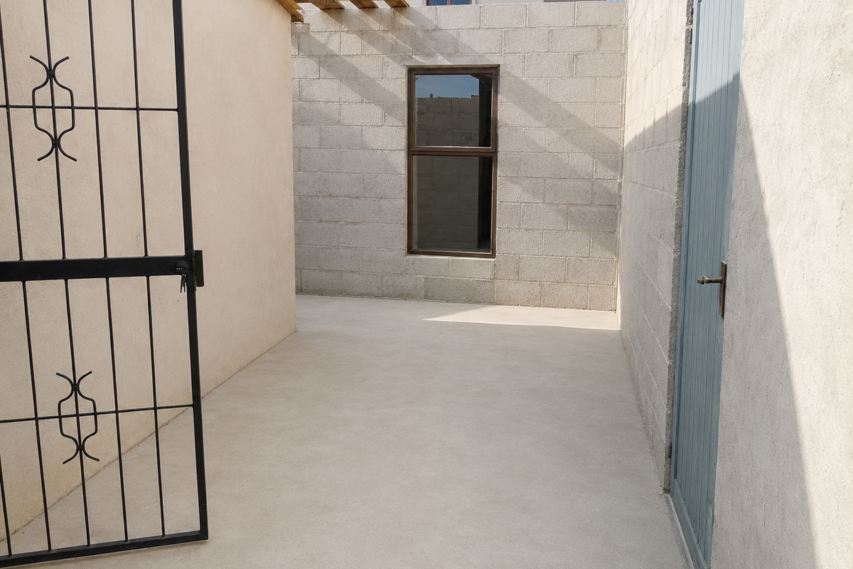 A clean, minimalist outdoor patio area featuring concrete block walls, a timber pergola structure, and secure metal gate access.