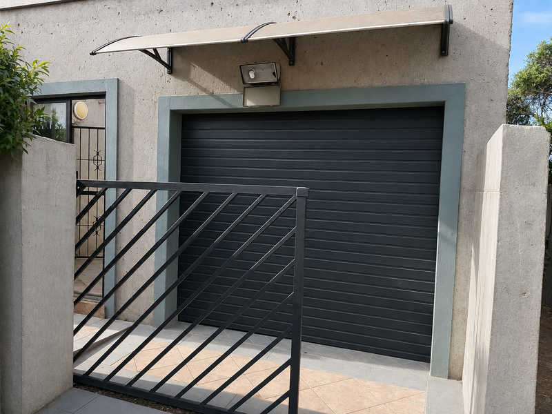A secure garage entrance featuring a dark roller door, protective awning, exterior lighting, and a metal security gate.