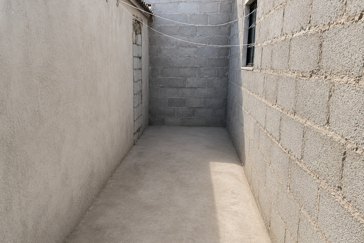 An unfinished narrow outdoor side passage or rear courtyard area featuring exposed concrete block walls and a simple cement floor.