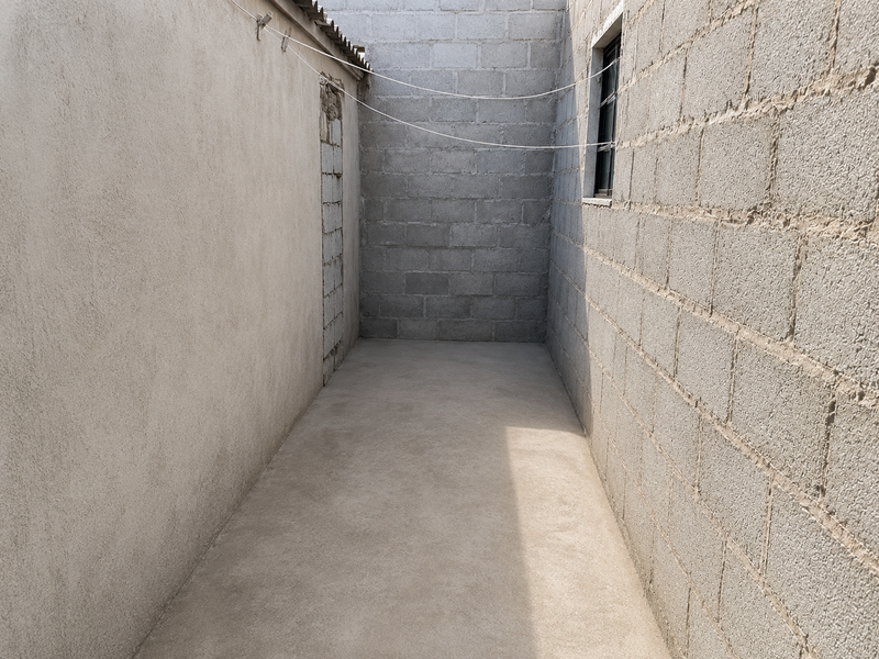 An unfinished narrow outdoor side passage or rear courtyard area featuring exposed concrete block walls and a simple cement floor.