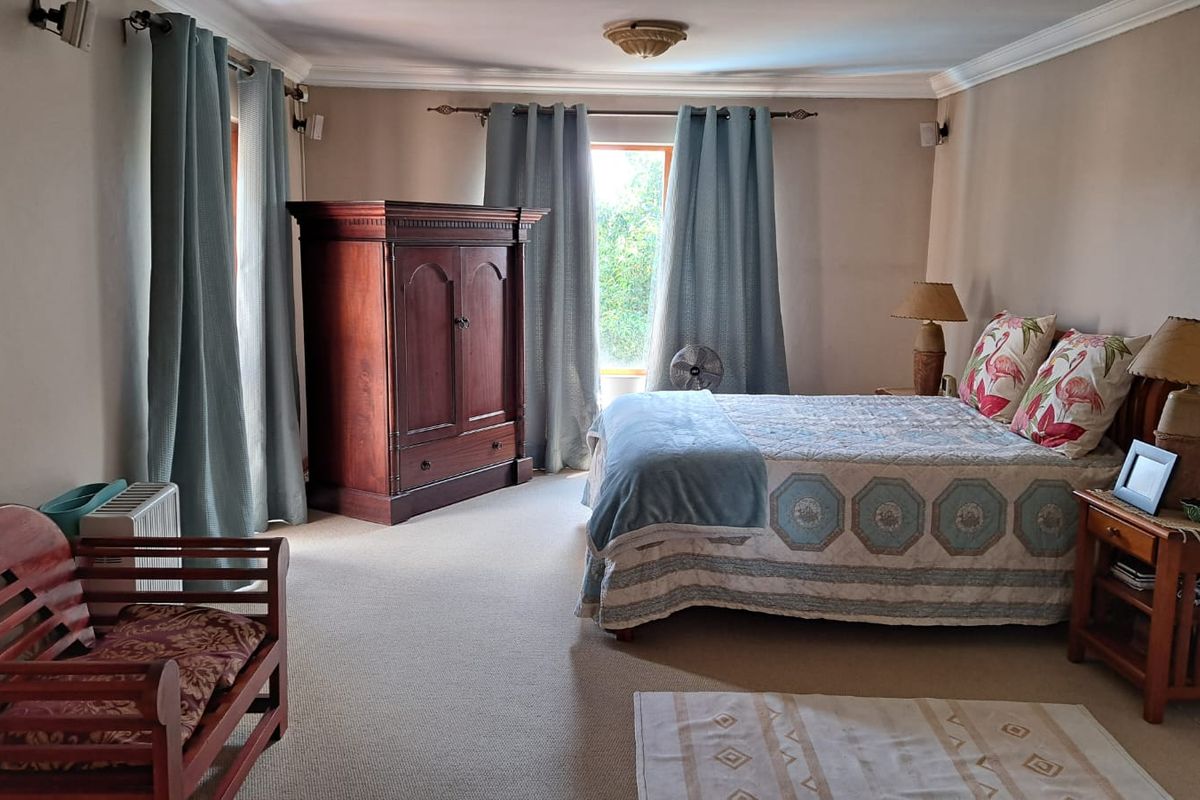 A spacious bedroom featuring neutral carpeting, decorative ceiling cornicing, and natural light through large windows.