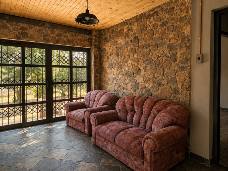 A living area featuring a rustic stone feature wall, timber ceiling, and large sliding glass doors with security gates leading to the exterior.