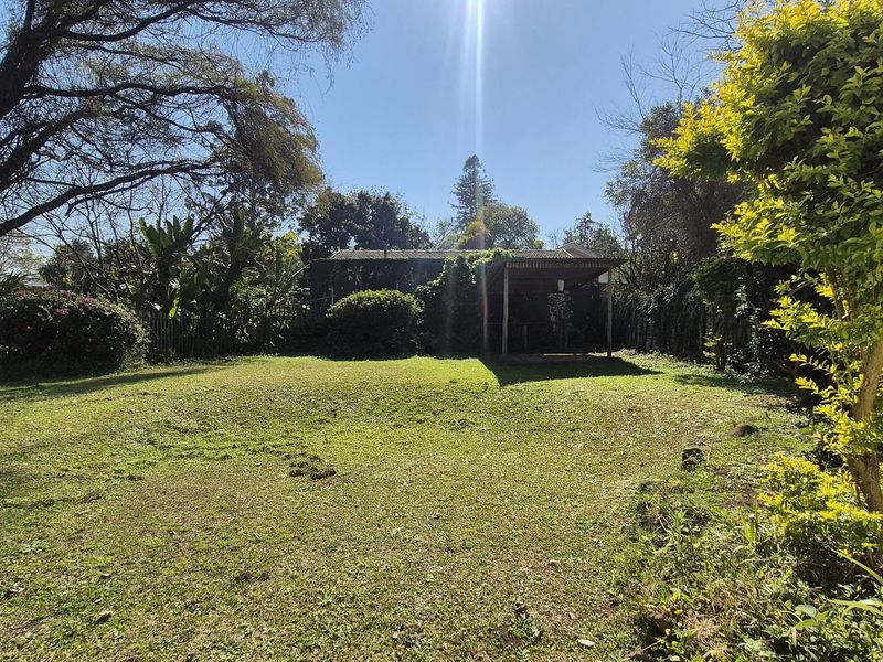 A spacious backyard featuring a well-maintained lawn, mature trees, and a covered patio area providing outdoor living space.