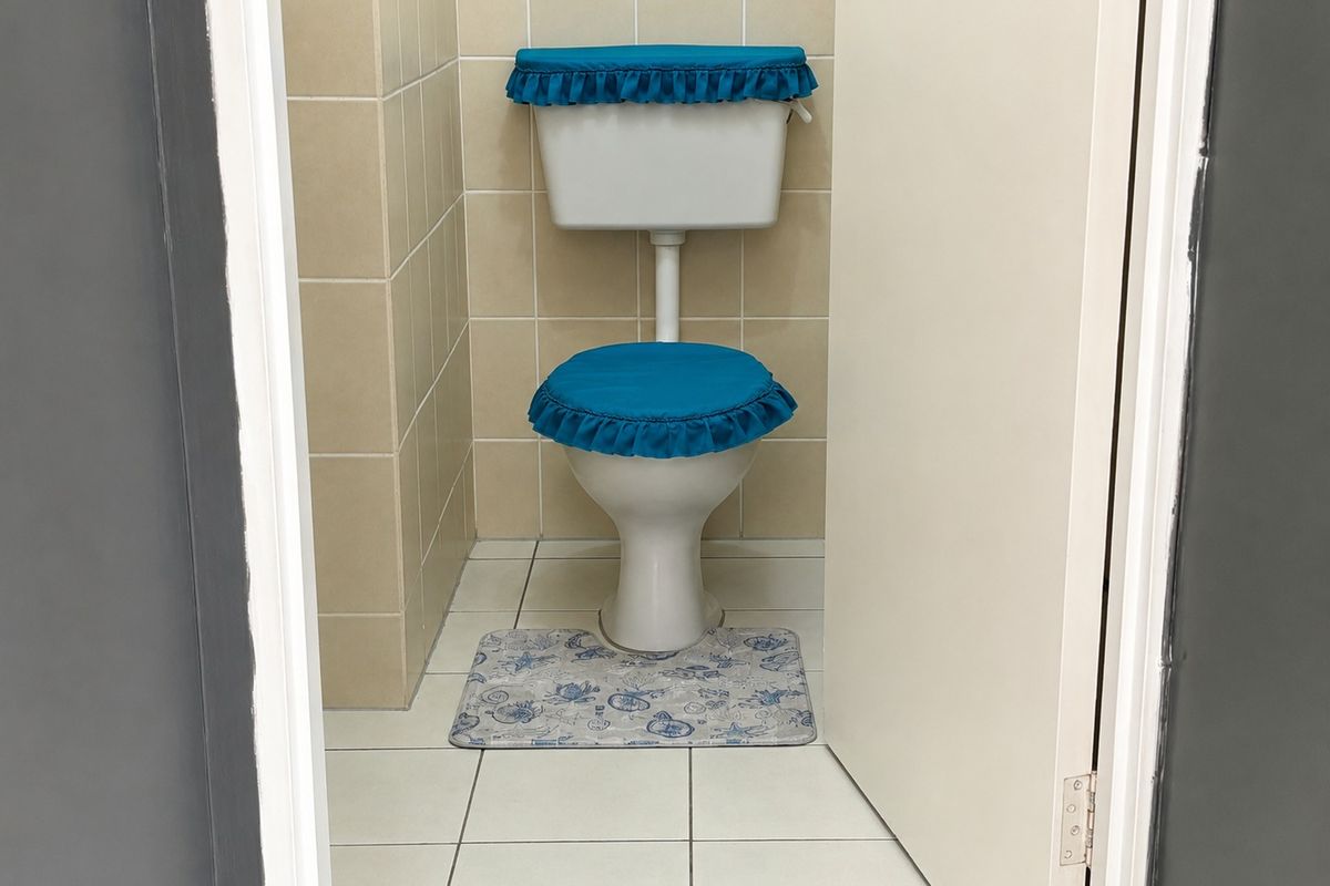 A compact bathroom featuring a standard ceramic toilet with neutral wall and floor tiling.