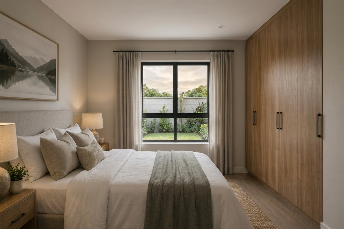 A well-appointed bedroom featuring modern built-in timber-look wardrobes, neutral finishes, and a large window overlooking a private garden area.
