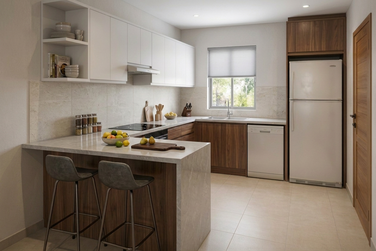 Modern kitchen featuring two-tone cabinetry, stone countertops with a breakfast bar, integrated appliances, and a tiled backsplash.