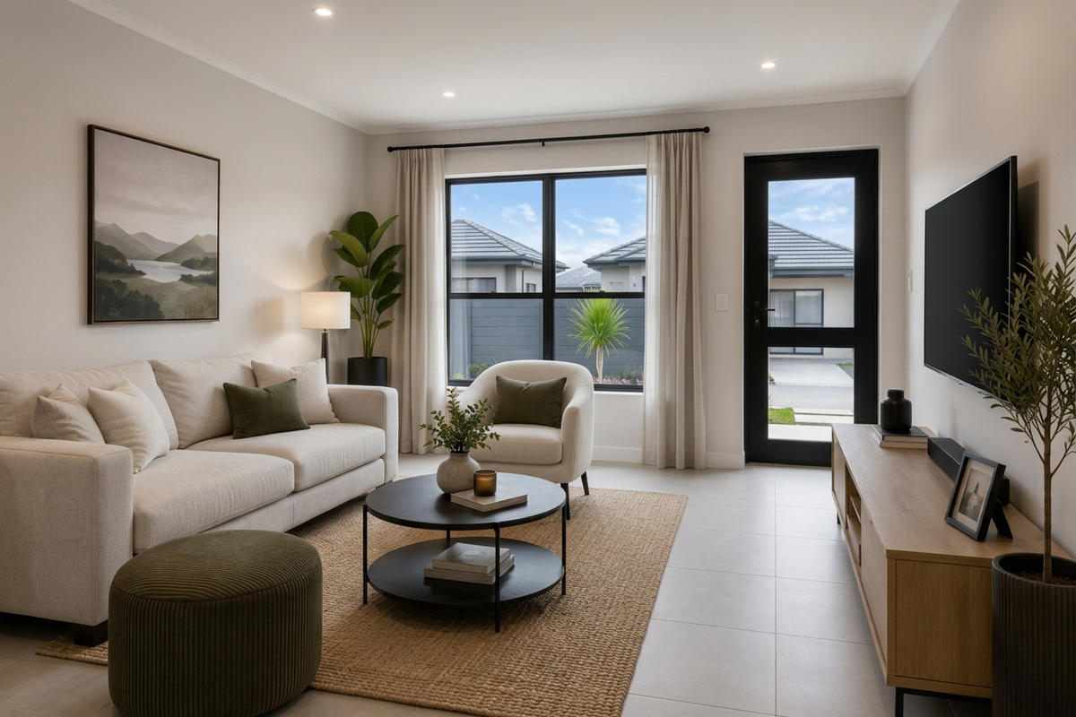 A bright and modern living room featuring neutral tones, tiled flooring, recessed lighting, and direct access to the exterior through a glass door.