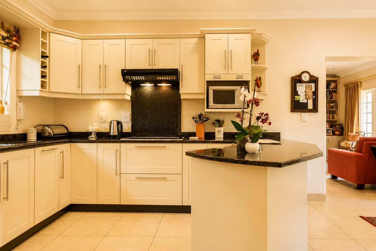 A well-maintained kitchen featuring cream cabinetry, dark granite countertops, a built-in microwave, and a functional island, seamlessly flowing into the adjacent living area.