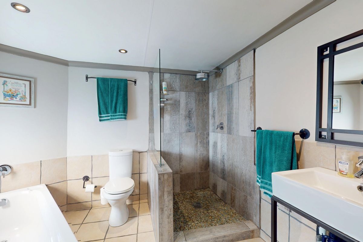 Modern bathroom featuring a walk-in shower with pebble floor, separate bathtub, toilet, and a contemporary vanity basin with wall-mounted mirror.