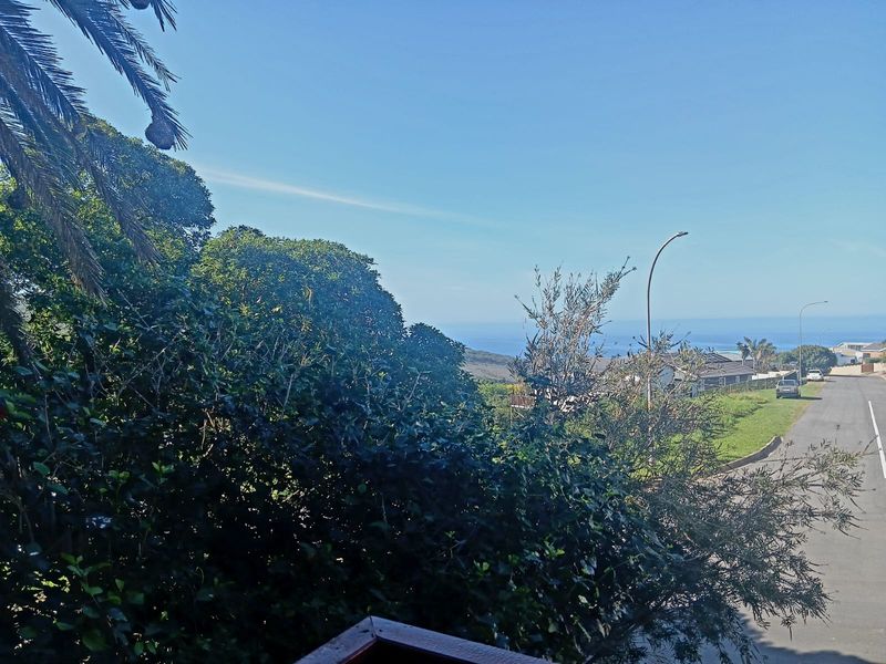 A scenic elevated view overlooking the surrounding neighborhood, lush greenery, and the distant coastline under a clear blue sky.