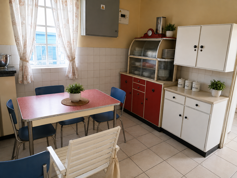 A functional kitchen area featuring tiled flooring, a tiled splashback, and built-in cabinetry with a retro aesthetic.