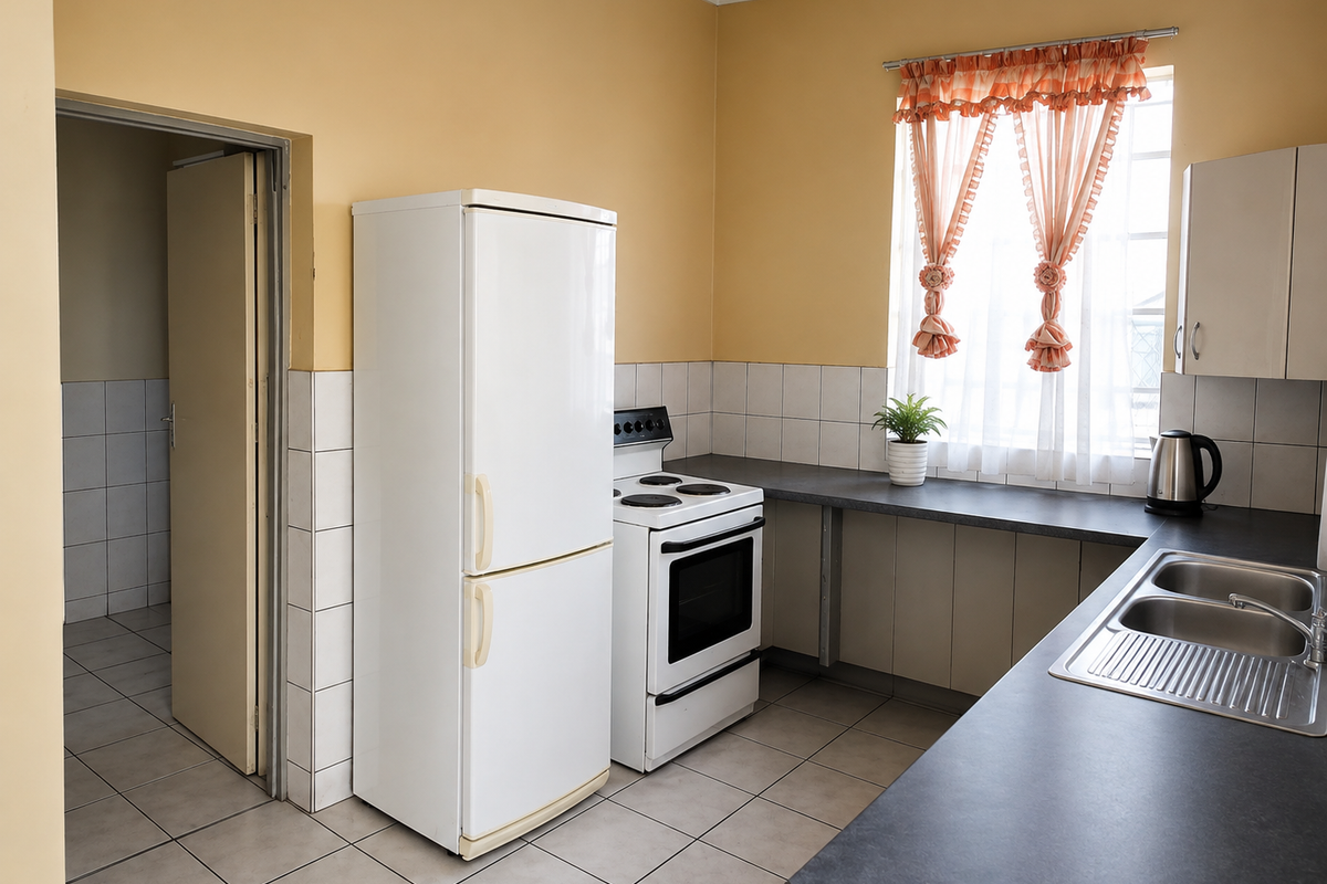 A functional kitchen featuring tiled flooring, a tiled backsplash, built-in cabinetry, and a stainless steel double sink.