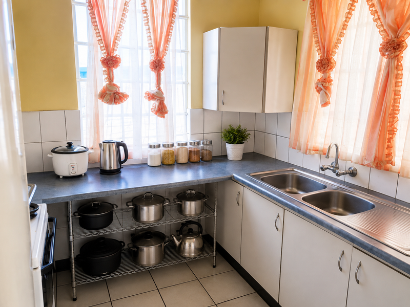 A functional kitchen featuring a double bowl stainless steel sink, laminate countertops, tiled backsplash, and ample built-in cabinetry.