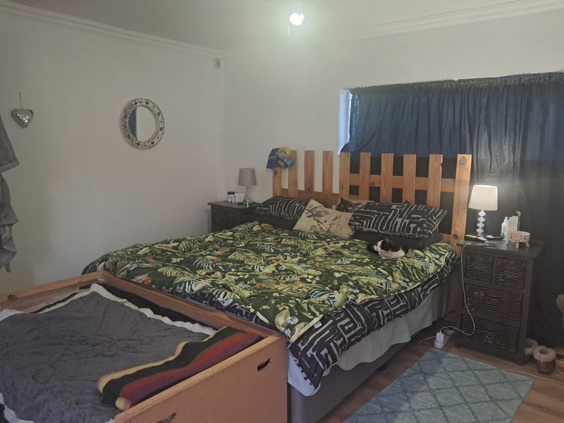 A standard bedroom featuring laminate flooring and ceiling cornicing, providing a functional space for rest.